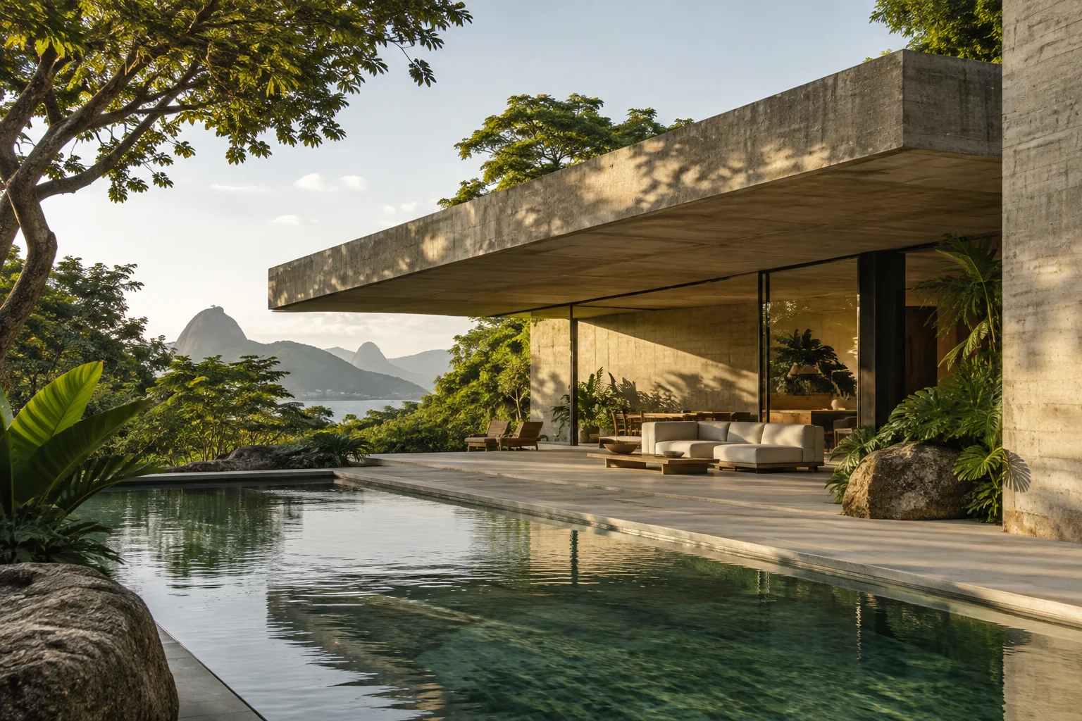 Arquitetura modernista em meio à vegetação, imagem conceitual