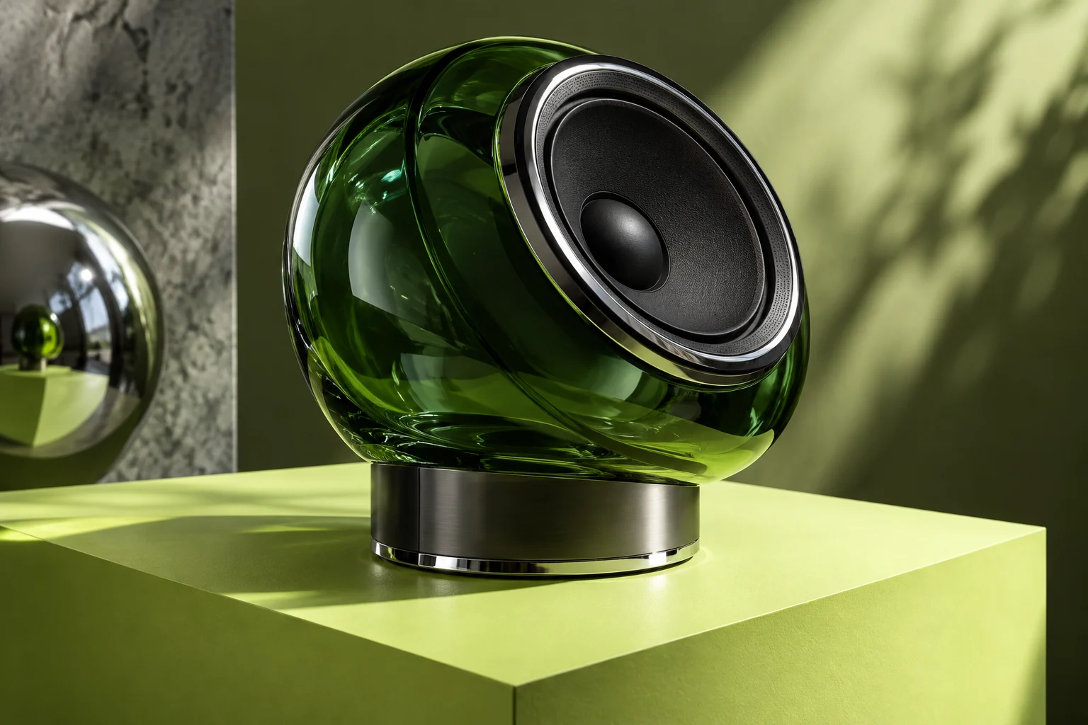 Objeto sonoro conceitual em vidro verde e metal